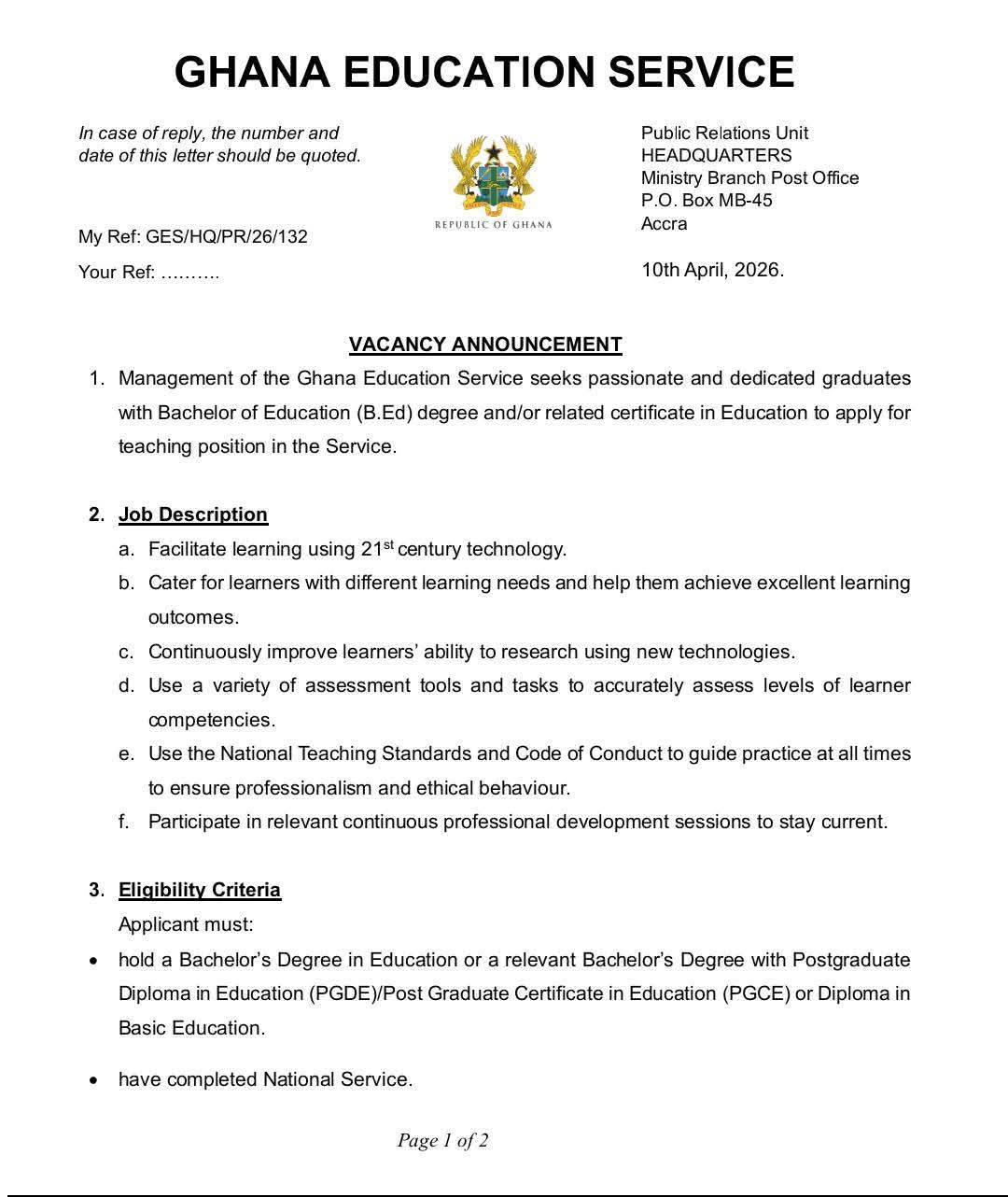 APPLY NOW: GES Opens 2026 Teacher Recruitment Portal — Deadline is 17th April!