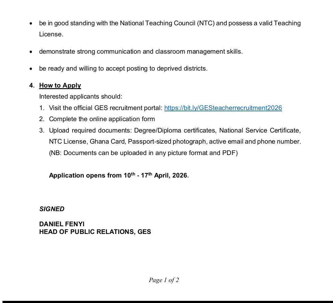 APPLY NOW: GES Opens 2026 Teacher Recruitment Portal — Deadline is 17th April!