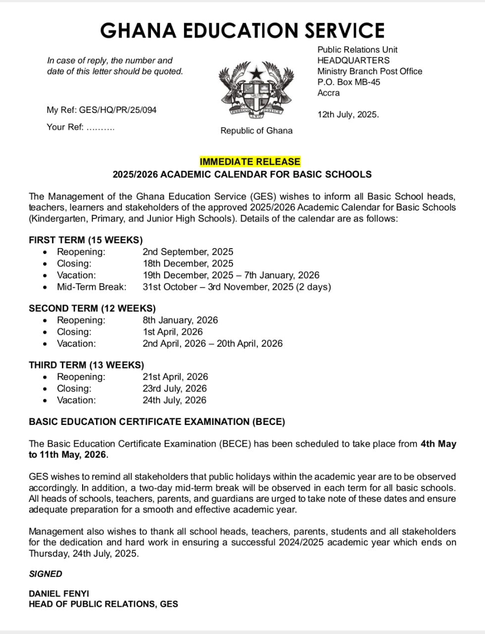 GES Confirms New 3rd Term Resumption Date for Basic Schools in Ghana
