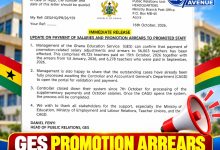 GES promotion arrears update showing 56,003 teachers paid, with the Smart Teachers Avenue logo.