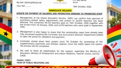 GES promotion arrears update showing 56,003 teachers paid, with the Smart Teachers Avenue logo.