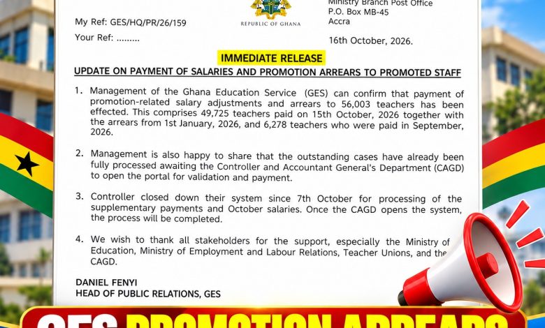 GES promotion arrears update showing 56,003 teachers paid, with the Smart Teachers Avenue logo.