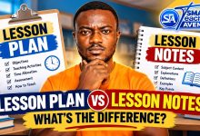**ALT TEXT:** Difference between lesson plans and lesson notes illustrated by a teacher comparing a lesson plan with lesson notes. **IMAGE TITLE:** Difference Between Lesson Plans and Lesson Notes **CAPTION:** Understand the difference between lesson plans and lesson notes to prepare effectively for classroom teaching. **DESCRIPTION:** Difference between lesson plans and lesson notes explained through a visual comparison of lesson objectives, teaching activities, time allocation, assessment, subject content, explanations, and examples. This Smart Teachers Avenue featured image helps teachers understand how lesson plans guide lesson delivery while lesson notes provide the content to be taught.