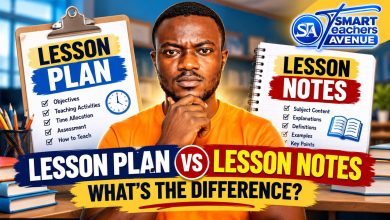**ALT TEXT:** Difference between lesson plans and lesson notes illustrated by a teacher comparing a lesson plan with lesson notes. **IMAGE TITLE:** Difference Between Lesson Plans and Lesson Notes **CAPTION:** Understand the difference between lesson plans and lesson notes to prepare effectively for classroom teaching. **DESCRIPTION:** Difference between lesson plans and lesson notes explained through a visual comparison of lesson objectives, teaching activities, time allocation, assessment, subject content, explanations, and examples. This Smart Teachers Avenue featured image helps teachers understand how lesson plans guide lesson delivery while lesson notes provide the content to be taught.