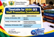 2026 GES Staff Promotion Examination timetable showing examination dates for Director I, Director II, Principal Superintendent, Assistant Director II, Assistant Director I and Deputy Director.