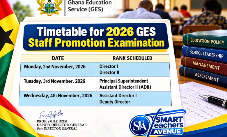 2026 GES Staff Promotion Examination timetable showing examination dates for Director I, Director II, Principal Superintendent, Assistant Director II, Assistant Director I and Deputy Director.